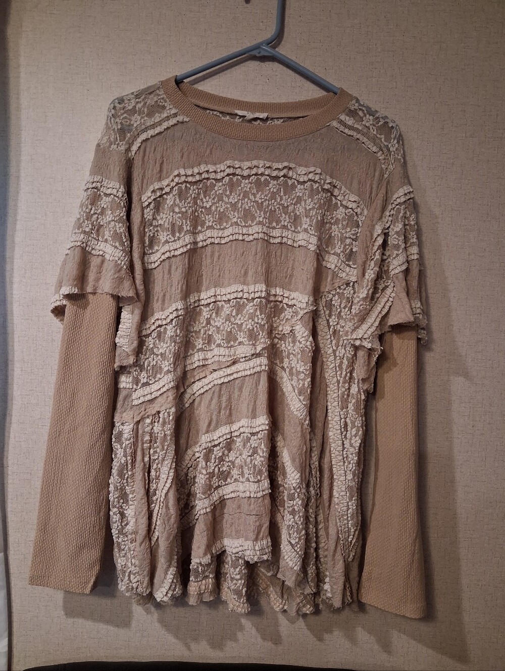 Easel Women's Taupe Lace-Panel Layered Long-Sleeve Top Plus Sz 1X